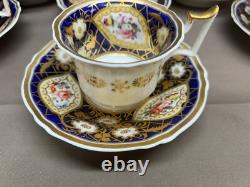 Set of 6 (2 sizes) Cobalt & Gold Antique Coalport Batwing Tea Cups & Saucers