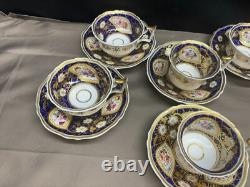 Set of 6 (2 sizes) Cobalt & Gold Antique Coalport Batwing Tea Cups & Saucers