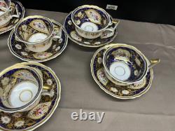 Set of 6 (2 sizes) Cobalt & Gold Antique Coalport Batwing Tea Cups & Saucers