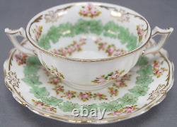 Set of 6 Ahrenfeldt Hand Painted Pink Rose & Gold Bouillon Cups & Saucers C 1886