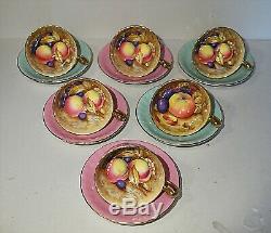 Set of 6 Aynsley Fruit Orchard Gold Fluted cups & saucers signed D. Jones