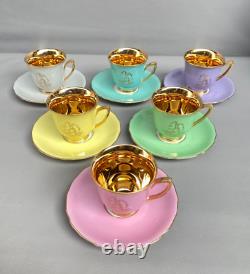 Set of 6 Bohemian Karlovy Vary Colored Porcelain & Gold Coffee Cups & Saucers