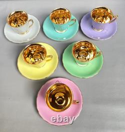 Set of 6 Bohemian Karlovy Vary Colored Porcelain & Gold Coffee Cups & Saucers