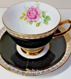 Set of 6 Mint Vintage Windsor Bone China Black, Gold & Rose Teacups & Saucers