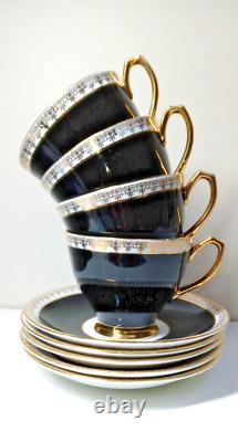 Set of 6 Mint Vintage Windsor Bone China Black, Gold & Rose Teacups & Saucers