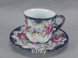 Set of 6 Nippon Hand Painted Pink Roses Cobalt & Gold Demitasse Cups & Saucers