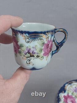 Set of 6 Nippon Hand Painted Pink Roses Cobalt & Gold Demitasse Cups & Saucers