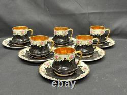 Set of 6 Vintage BLACK / GOLD / PINK ROSES Demitasse Cups & Saucers 2 1/4