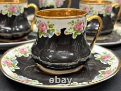 Set of 6 Vintage BLACK / GOLD / PINK ROSES Demitasse Cups & Saucers 2 1/4