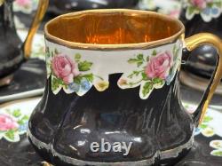 Set of 6 Vintage BLACK / GOLD / PINK ROSES Demitasse Cups & Saucers 2 1/4