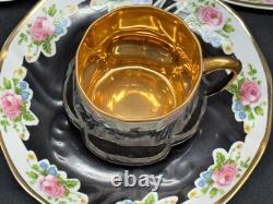 Set of 6 Vintage BLACK / GOLD / PINK ROSES Demitasse Cups & Saucers 2 1/4