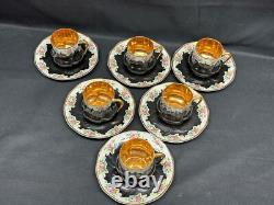 Set of 6 Vintage BLACK / GOLD / PINK ROSES Demitasse Cups & Saucers 2 1/4
