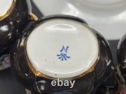 Set of 6 Vintage BLACK / GOLD / PINK ROSES Demitasse Cups & Saucers 2 1/4