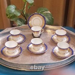 Set of 6 Vintage Boyer Limoges France Blue and Gold Demitasse Cup & Saucers