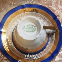 Set of 6 Vintage Boyer Limoges France Blue and Gold Demitasse Cup & Saucers