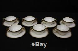 Set of 7 Antique Elite Works Limoges Bouillon Soup Cups, Saucers Gold Trim 1900