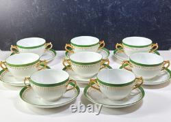 Set of 8 D&C LImoges France Double Handled Bouillion Cups w Saucers Green Gold