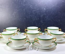 Set of 8 D&C LImoges France Double Handled Bouillion Cups w Saucers Green Gold