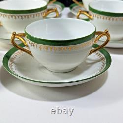 Set of 8 D&C LImoges France Double Handled Bouillion Cups w Saucers Green Gold