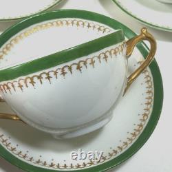Set of 8 D&C LImoges France Double Handled Bouillion Cups w Saucers Green Gold