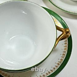 Set of 8 D&C LImoges France Double Handled Bouillion Cups w Saucers Green Gold