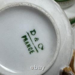 Set of 8 D&C LImoges France Double Handled Bouillion Cups w Saucers Green Gold