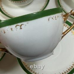 Set of 8 D&C LImoges France Double Handled Bouillion Cups w Saucers Green Gold
