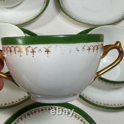 Set of 8 D&C LImoges France Double Handled Bouillion Cups w Saucers Green Gold