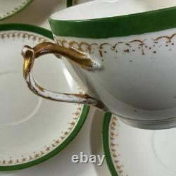 Set of 8 D&C LImoges France Double Handled Bouillion Cups w Saucers Green Gold