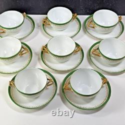 Set of 8 D&C LImoges France Double Handled Bouillion Cups w Saucers Green Gold