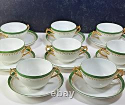 Set of 8 D&C LImoges France Double Handled Bouillion Cups w Saucers Green Gold