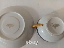 Set of 8 Fitz and Floyd Gold Gilt Blue Pattern Renaissance Soup Cups and Saucers