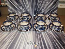 Set of 8 Vintage Booths REAL OLD WILLOW Cups & Saucers Blue with Gold Trim