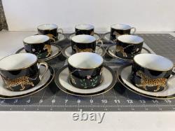 Set of 9 Lynn Chase Jaguar Jungle Porcelain Tea Cups & Saucers 24KT Gold Trim