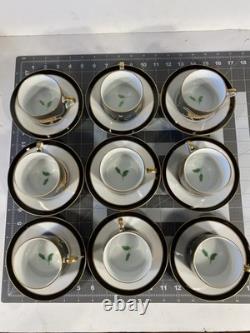 Set of 9 Lynn Chase Jaguar Jungle Porcelain Tea Cups & Saucers 24KT Gold Trim