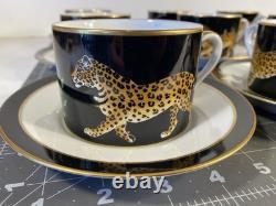 Set of 9 Lynn Chase Jaguar Jungle Porcelain Tea Cups & Saucers 24KT Gold Trim