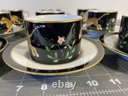 Set of 9 Lynn Chase Jaguar Jungle Porcelain Tea Cups & Saucers 24KT Gold Trim
