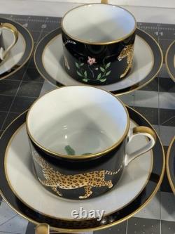 Set of 9 Lynn Chase Jaguar Jungle Porcelain Tea Cups & Saucers 24KT Gold Trim