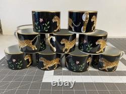 Set of 9 Lynn Chase Jaguar Jungle Porcelain Tea Cups & Saucers 24KT Gold Trim