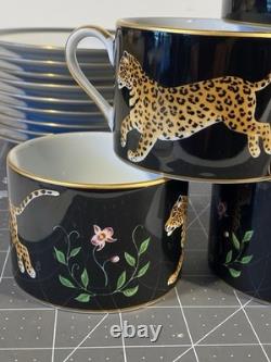Set of 9 Lynn Chase Jaguar Jungle Porcelain Tea Cups & Saucers 24KT Gold Trim