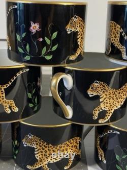 Set of 9 Lynn Chase Jaguar Jungle Porcelain Tea Cups & Saucers 24KT Gold Trim
