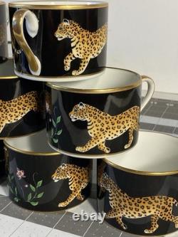 Set of 9 Lynn Chase Jaguar Jungle Porcelain Tea Cups & Saucers 24KT Gold Trim
