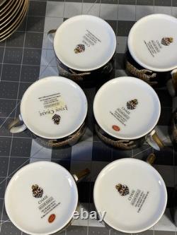 Set of 9 Lynn Chase Jaguar Jungle Porcelain Tea Cups & Saucers 24KT Gold Trim