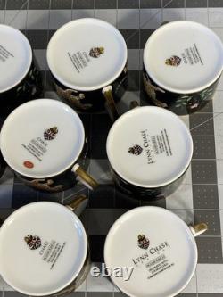 Set of 9 Lynn Chase Jaguar Jungle Porcelain Tea Cups & Saucers 24KT Gold Trim