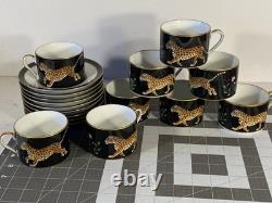 Set of 9 Lynn Chase Jaguar Jungle Porcelain Tea Cups & Saucers 24KT Gold Trim