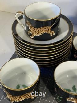 Set of 9 Lynn Chase Jaguar Jungle Porcelain Tea Cups & Saucers 24KT Gold Trim