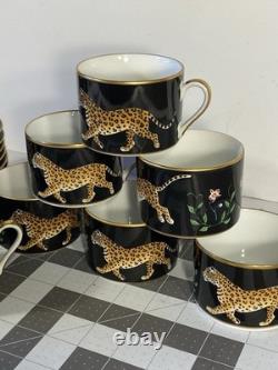 Set of 9 Lynn Chase Jaguar Jungle Porcelain Tea Cups & Saucers 24KT Gold Trim