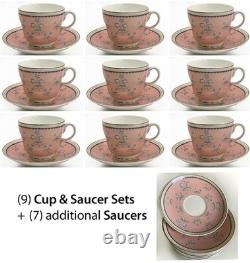 Set of 9 footed T&C Cups + Saucers Wedgwood PIMPERNEL'Pink', gold rimmed