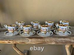 Set of eight vintage R. Capodimonte cups & saucers. Gold interior