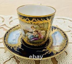 Sevres 18th Century Cup & Saucer Cobalt Blue Hand Painted Scene Heavy Gold Gilt